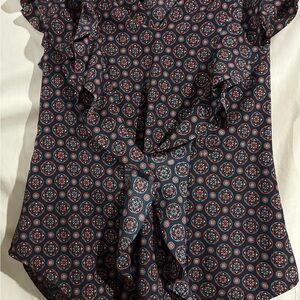 Banana Republic Navy Geometric Ruffle-Front Blouse